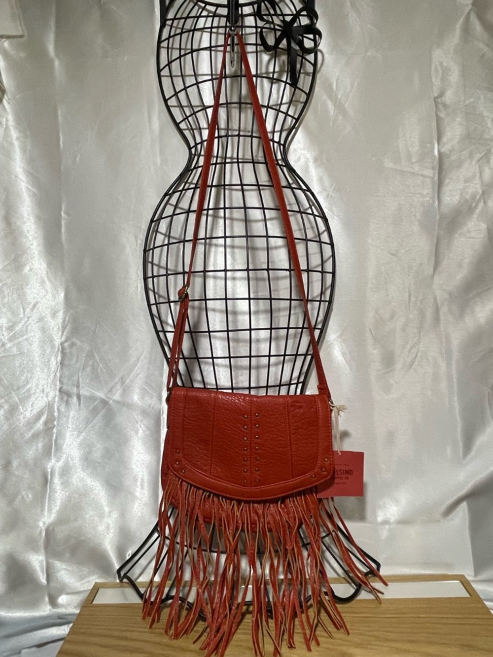 NWT -Boho Y2K - Vegan Leather Crossbody with Fringe/ Textured /Pumpkin/Cognac